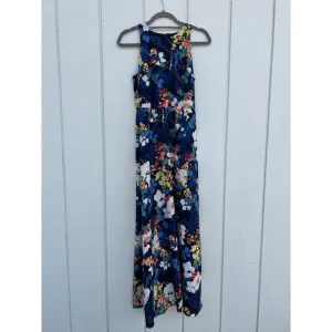 Banana Republic Navy Blue Colorful Floral Sleeveless Textured Maxi Dress, Size 2