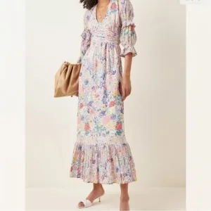 Banjanan Aubree Ruffles Puff Sleeve Maxi Dress in Dawn Chorus Crystal Rose