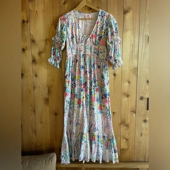 Banjanan Aubree Ruffles Puff Sleeve Maxi Dress in Dawn Chorus Crystal Rose