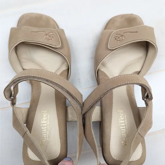 Beautifeel Tan Suede Wedge Slingback Square Toe Comfort Sandals Size 40 | 9