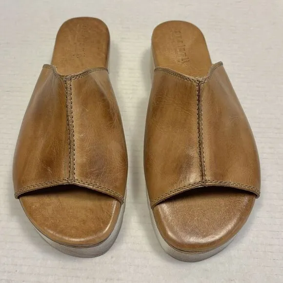 Bed|Stu Fairlee II Flatform Leather Slide Sandals Size 10 Platform Tan Rustic
