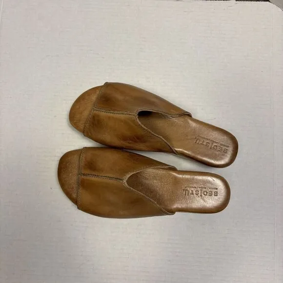 Bed|Stu Fairlee II Flatform Leather Slide Sandals Size 10 Platform Tan Rustic