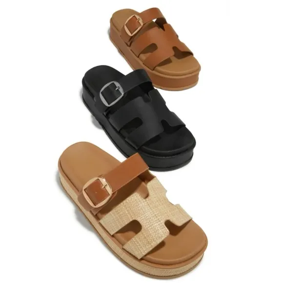 Beige Raffia Slip On Chunky Platform Sandals
