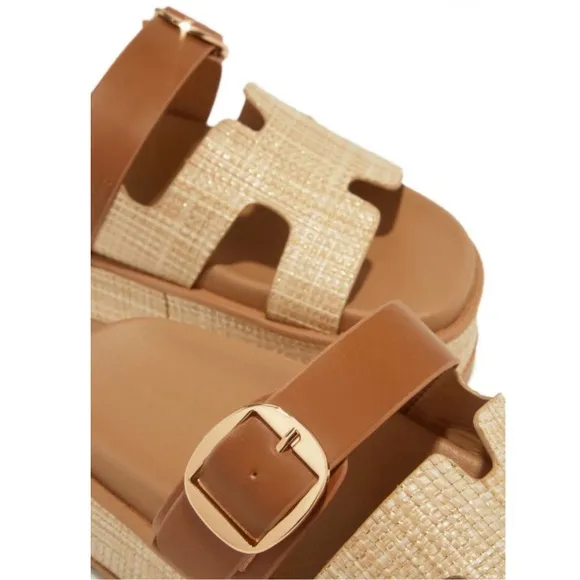 Beige Raffia Slip On Chunky Platform Sandals