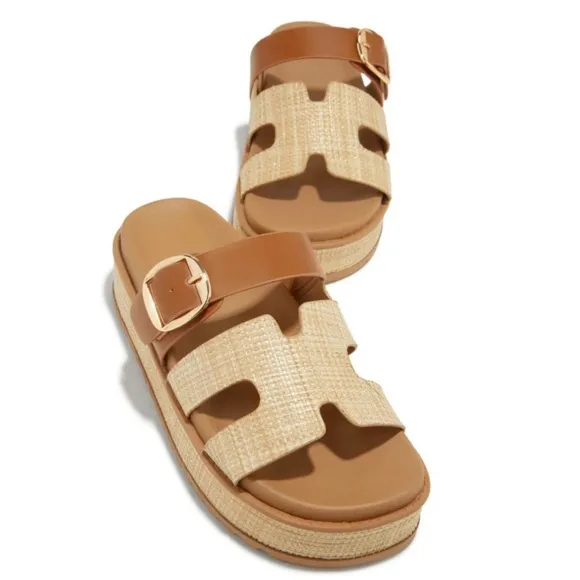 Beige Raffia Slip On Chunky Platform Sandals