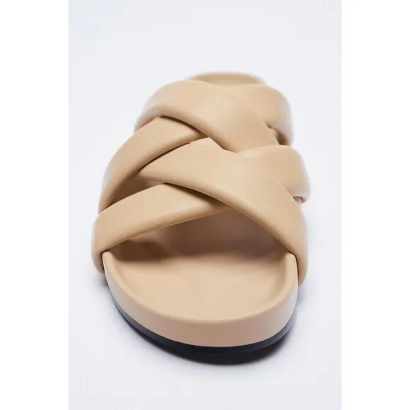 Beige Zara Leather Crisscross Straps Slides Slip-On Sandals (NWT)