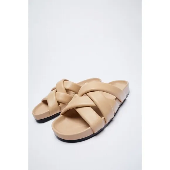 Beige Zara Leather Crisscross Straps Slides Slip-On Sandals (NWT)