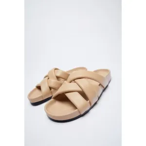 Beige Zara Leather Crisscross Straps Slides Slip-On Sandals (NWT)