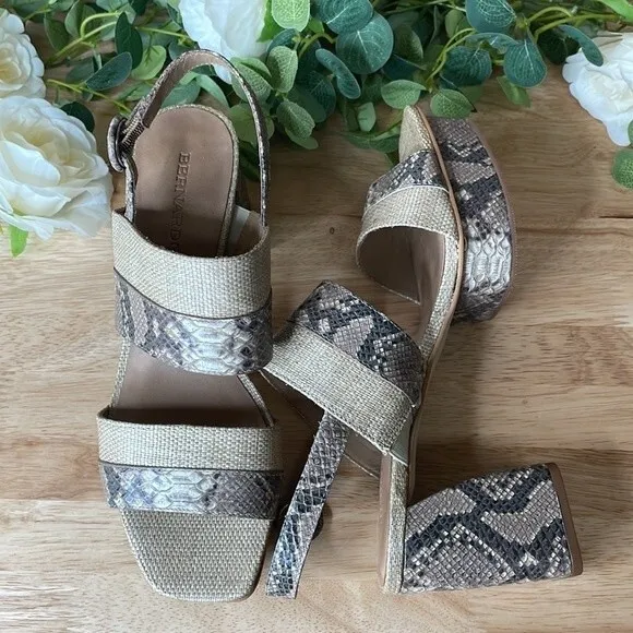 Bernardo Racquel Snake Print Platform Sandals Cream Size 8.5