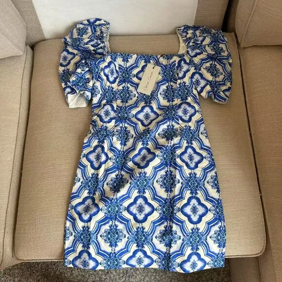 BEST Cara Cara Kelly Mini Dress Small/Meduim Belle Tile Blue Floral Cocktail
