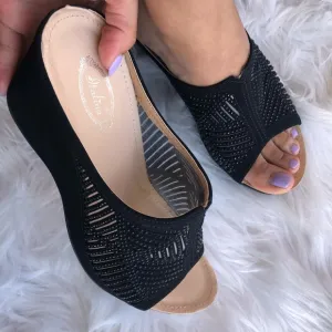 BEST SELLER Italina Black Rhinestone Embellished Wedge Platform Sandal