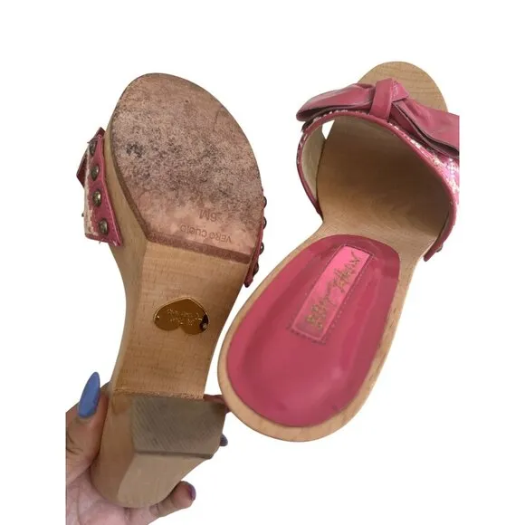 BETSEY JOHNSON Vintage Y2K Pink Wood Sandals Heels Size 6