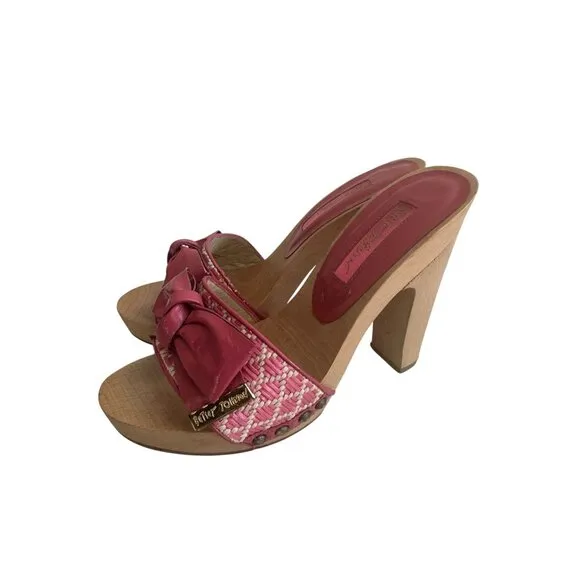 BETSEY JOHNSON Vintage Y2K Pink Wood Sandals Heels Size 6