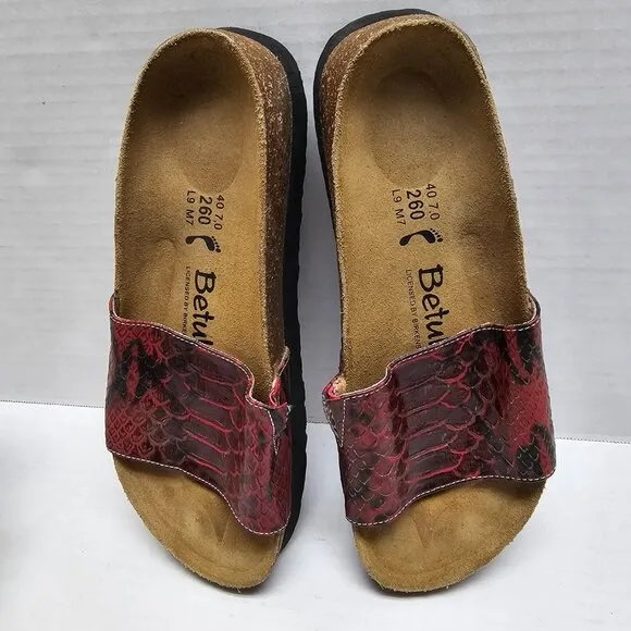 Betula Birkenstock Red Snake Leather Slip On Clogs Slides Sandals 40 L 9 M 7