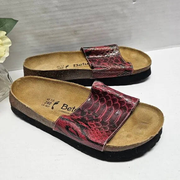 Betula Birkenstock Red Snake Leather Slip On Clogs Slides Sandals 40 L 9 M 7