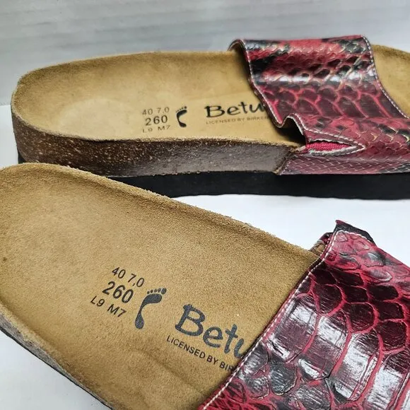 Betula Birkenstock Red Snake Leather Slip On Clogs Slides Sandals 40 L 9 M 7