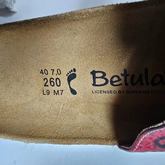Betula Birkenstock Red Snake Leather Slip On Clogs Slides Sandals 40 L 9 M 7