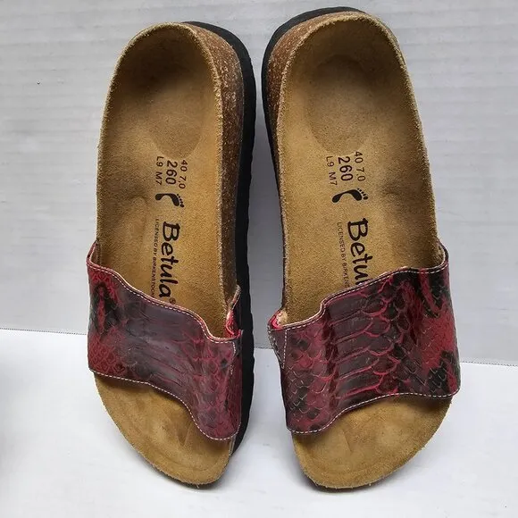 Betula Birkenstock Red Snake Leather Slip On Clogs Slides Sandals 40 L 9 M 7