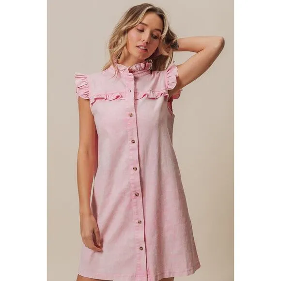 ❤️BiBi Washed Button Down Ruffled Cap Sleeves Denim Mini Dress | Vintage Pink