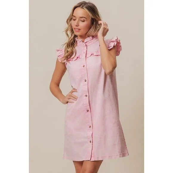 ❤️BiBi Washed Button Down Ruffled Cap Sleeves Denim Mini Dress | Vintage Pink