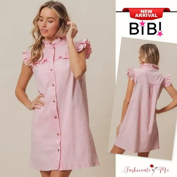 ❤️BiBi Washed Button Down Ruffled Cap Sleeves Denim Mini Dress | Vintage Pink