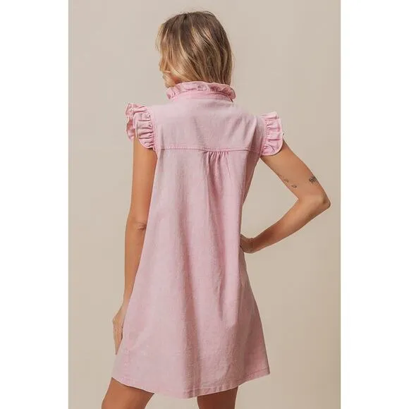❤️BiBi Washed Button Down Ruffled Cap Sleeves Denim Mini Dress | Vintage Pink