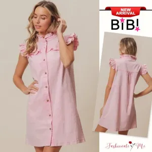 ❤️BiBi Washed Button Down Ruffled Cap Sleeves Denim Mini Dress | Vintage Pink