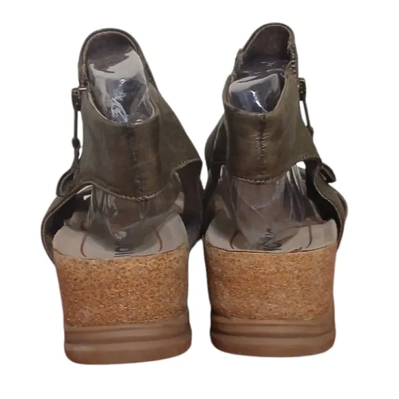 Bionica Green Leather Sandals Double Strap Cork Heel Comfort Sandals Sz 10