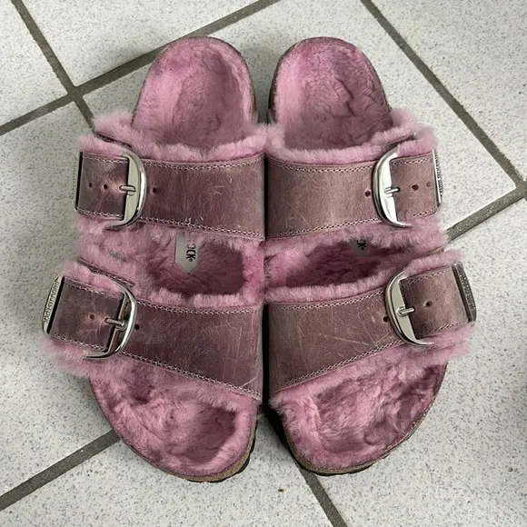 Birkenstock Arizona Big Buckle Shearling Oiled Leather Sandals - Size EU 38