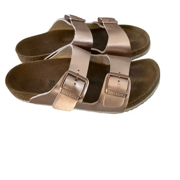 Birkenstock Arizona birko-flor leather sandals Sz 34 electric metallic copper