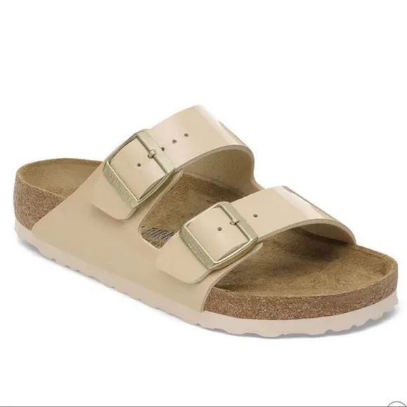Birkenstock Arizona Gold Buckle High Shine Sandal in Sand Color