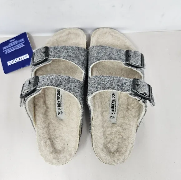 Birkenstock Arizona Kids Sandels sz 32=1-1.5 Gray Wool Upper Sherling Footbed