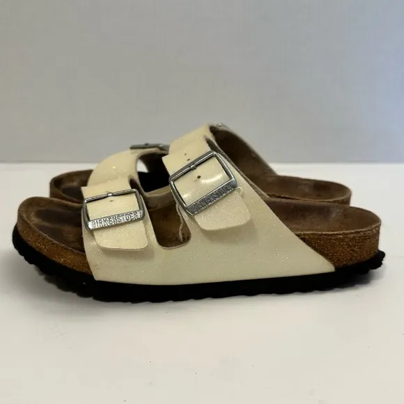 Birkenstock Arizona Metallic Beige Glitter Soft Footbed Sandals Size 38