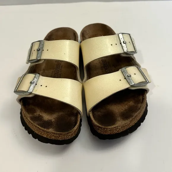 Birkenstock Arizona Metallic Beige Glitter Soft Footbed Sandals Size 38