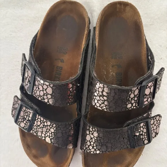 Birkenstock Arizona Sandals Metallic Bronze Leather Slides Size 39