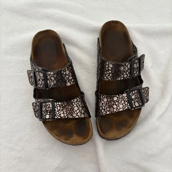 Birkenstock Arizona Sandals Metallic Bronze Leather Slides Size 39