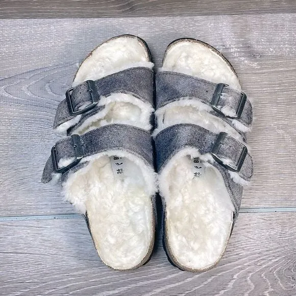 Birkenstock Arizona Shearling Lined Gray Women’s Sz 5/EU 36 Slip On Slide Sandal