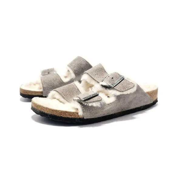 Birkenstock Arizona Shearling Sandal Size 37 Waxy Leather Oiled Iron Gray Slides