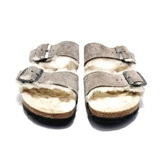 Birkenstock Arizona Shearling Sandal Size 37 Waxy Leather Oiled Iron Gray Slides
