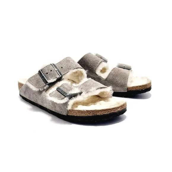 Birkenstock Arizona Shearling Sandal Size 37 Waxy Leather Oiled Iron Gray Slides