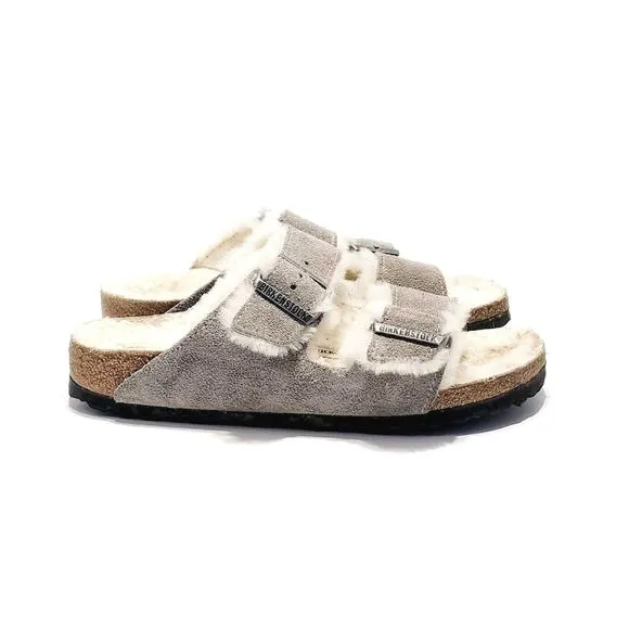 Birkenstock Arizona Shearling Sandal Size 37 Waxy Leather Oiled Iron Gray Slides