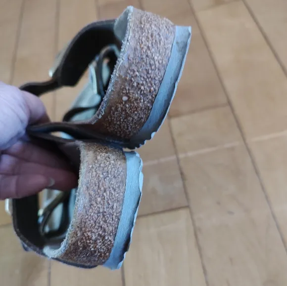 Birkenstock Arizona Silver Leather With Gold Buckle And Grey Sole
