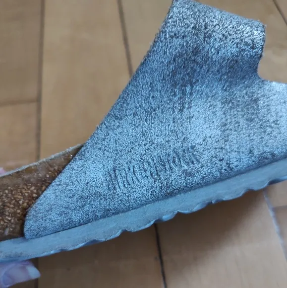 Birkenstock Arizona Silver Leather With Gold Buckle And Grey Sole
