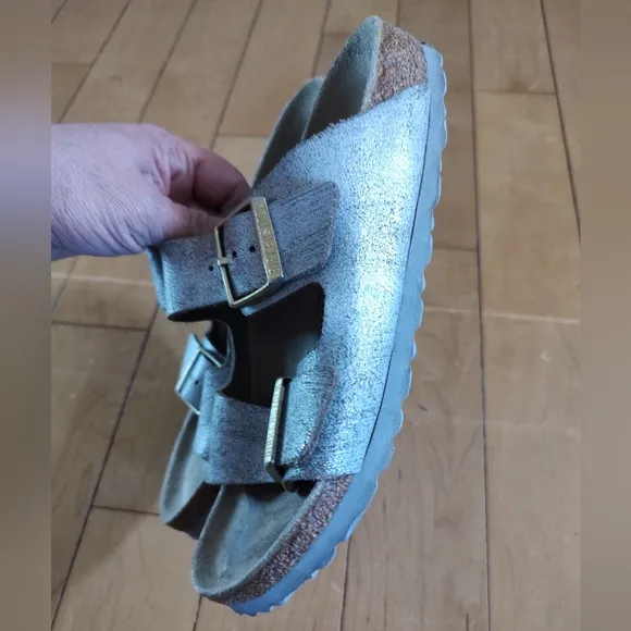 Birkenstock Arizona Silver Leather With Gold Buckle And Grey Sole