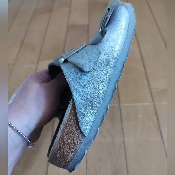 Birkenstock Arizona Silver Leather With Gold Buckle And Grey Sole