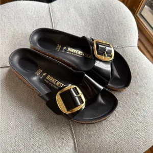 Birkenstock Black and Gold Sandals with Contoured Footbed