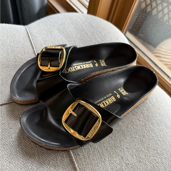 Birkenstock Black and Gold Sandals with Contoured Footbed