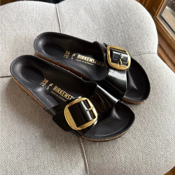 Birkenstock Black and Gold Sandals with Contoured Footbed
