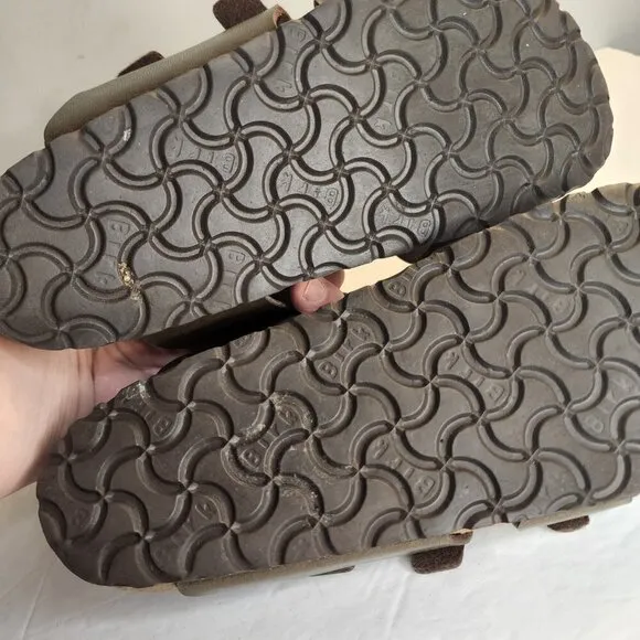 Birkenstock Brown Leather Three Strap Slide Sandals Comfort, sz 5