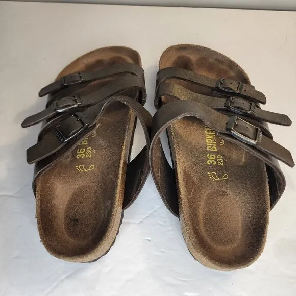 Birkenstock Brown Leather Three Strap Slide Sandals Comfort, sz 5